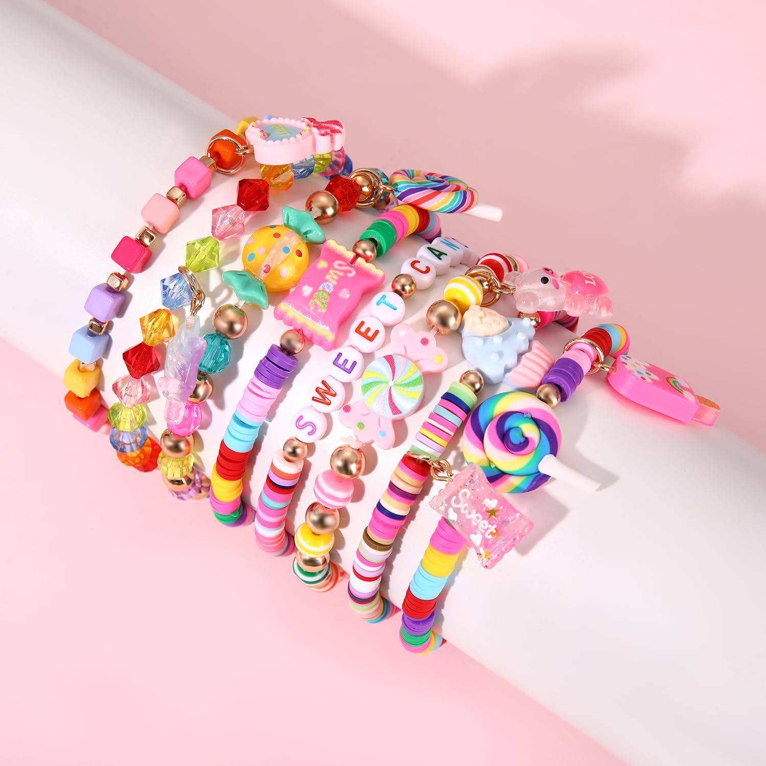Sweet Candy Heishi Bracelets Set Funny Stackable Lollipop Candy Donut Beaded Stretch Bracelet Novelty Elastic Layering Friendship Bracelets for Birthday Halloween Holiday Party Wrist Jewelry image 2