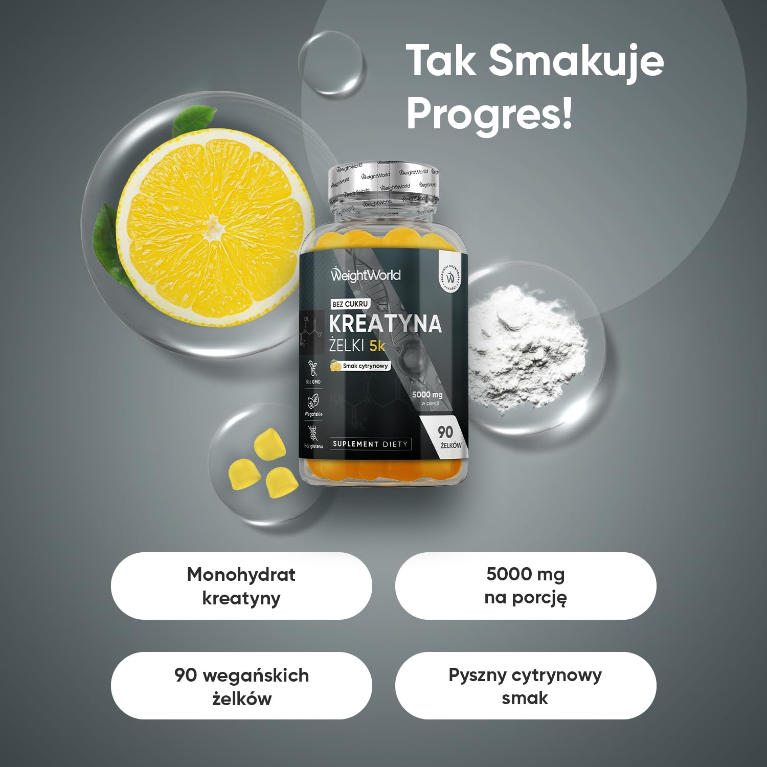 Żelki z monohydratem kreatyny 3000 mg – cytrynowe żelki przedtreningowe z monohydratem kreatyny bez cukru i glutenu, odpowiednie dla wegan – suplement na siłownię, bez GMO | 90 żelków bez cukru, pyszne żelki kreatynowe o smaku cytrynowym, bez inżynierii g