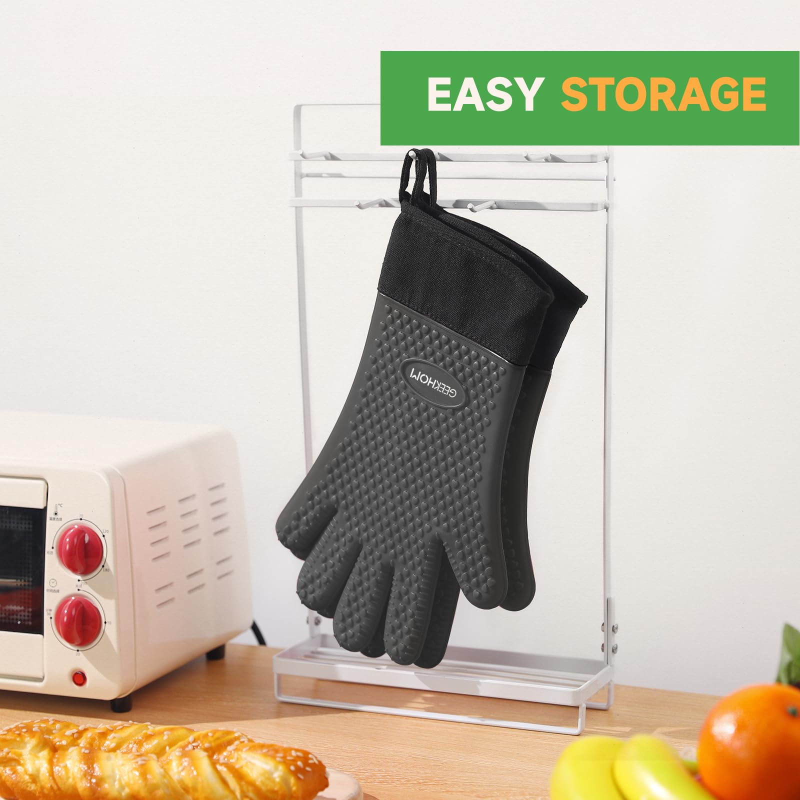GEEKHOM Guantes Cocina, XL Guantes Horno, Manoplas para Barbacoa Asado BBQ, Resistentes al Calor hasta 230℃ con Silicona Antideslizantes Impermeable, 35.56cm Largo para Proteger El Antebrazo -Gris