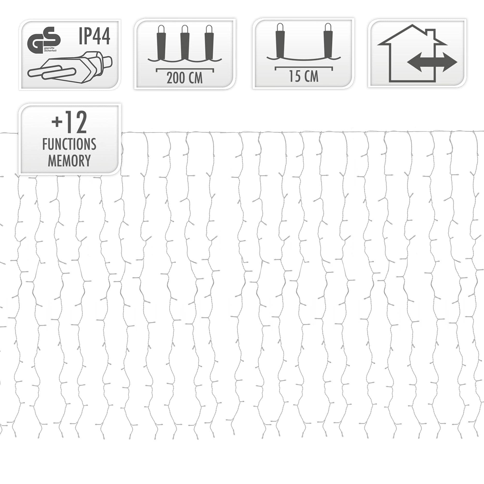ECD Germany Kurtyna świetlna LED, 2 x 1,5 m, 240 diod LED, zimna biel, 12 funkcji, Boże Narodzenie, sople lodu, łańcuch świetlny, kurtyna świetlna, zimny deszcz, zasłona bożonarodzeniowa, IP44