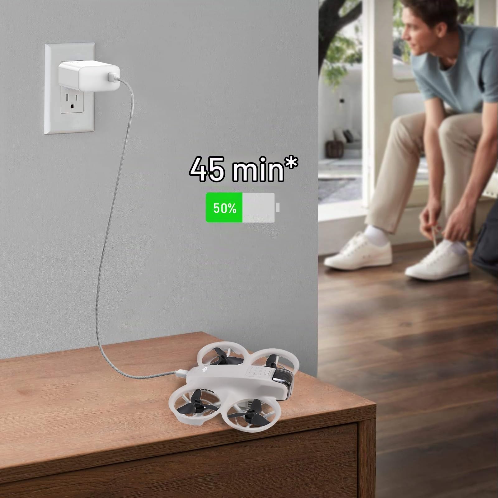 FPVtosky 65W USB-C Chargeur Alimentation avec Charge Rapide,Technologie GaN,Compatible avec DJI Lito X1/Neo/Mini 5Pro/4/3/4k/Air 3S/Avata 2/Avata 360,Osmo Pocket 3/4,Hub,avec câble C vers C(Blanc)