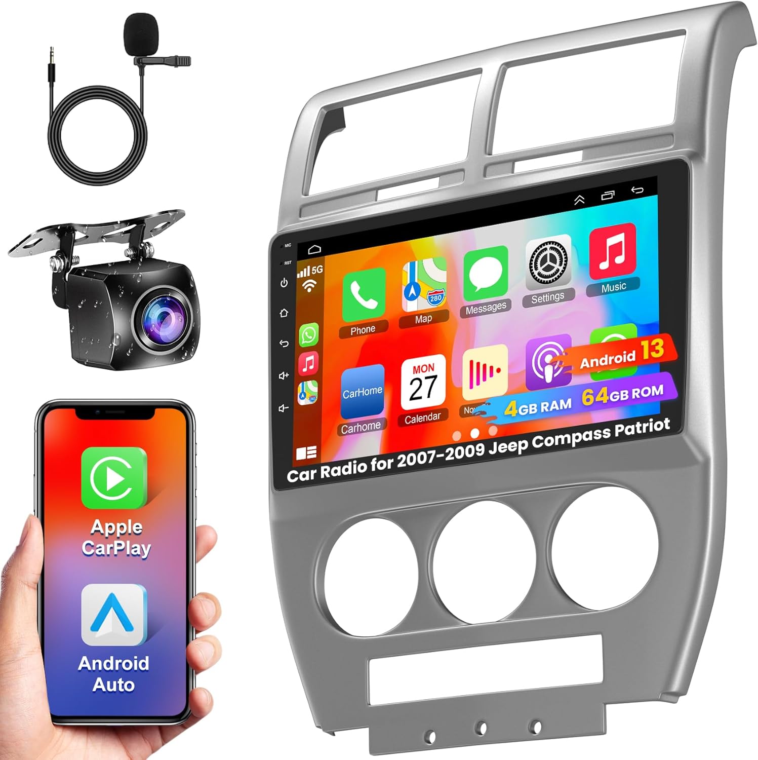 Android 13 [4GB+64GB] Car Radio Compatible for Jeep Patriot Compass 2007 2008 2009, 10 Inch Touch Screen with GPS/FM/WiFi/USB, Support SWC, Wireless CarPlay Android Auto Head Unit