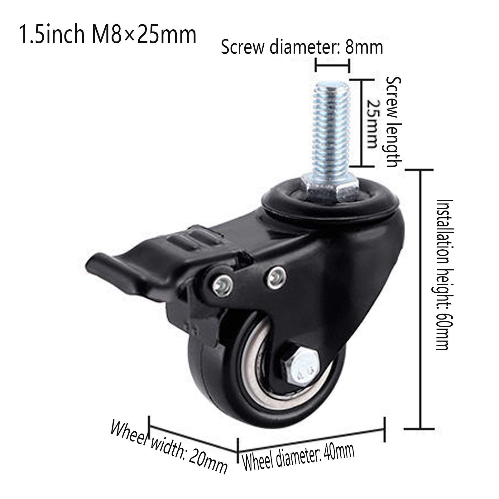 Ruedas giratorias resistentes, 4 unidades de 2/1,5 pulgadas, rosca M8/M10 para muebles, giro de 360°, silenciosas, con doble rodamiento, con frenos, color negro, para mesita de noche y mesa (1,5 pulga