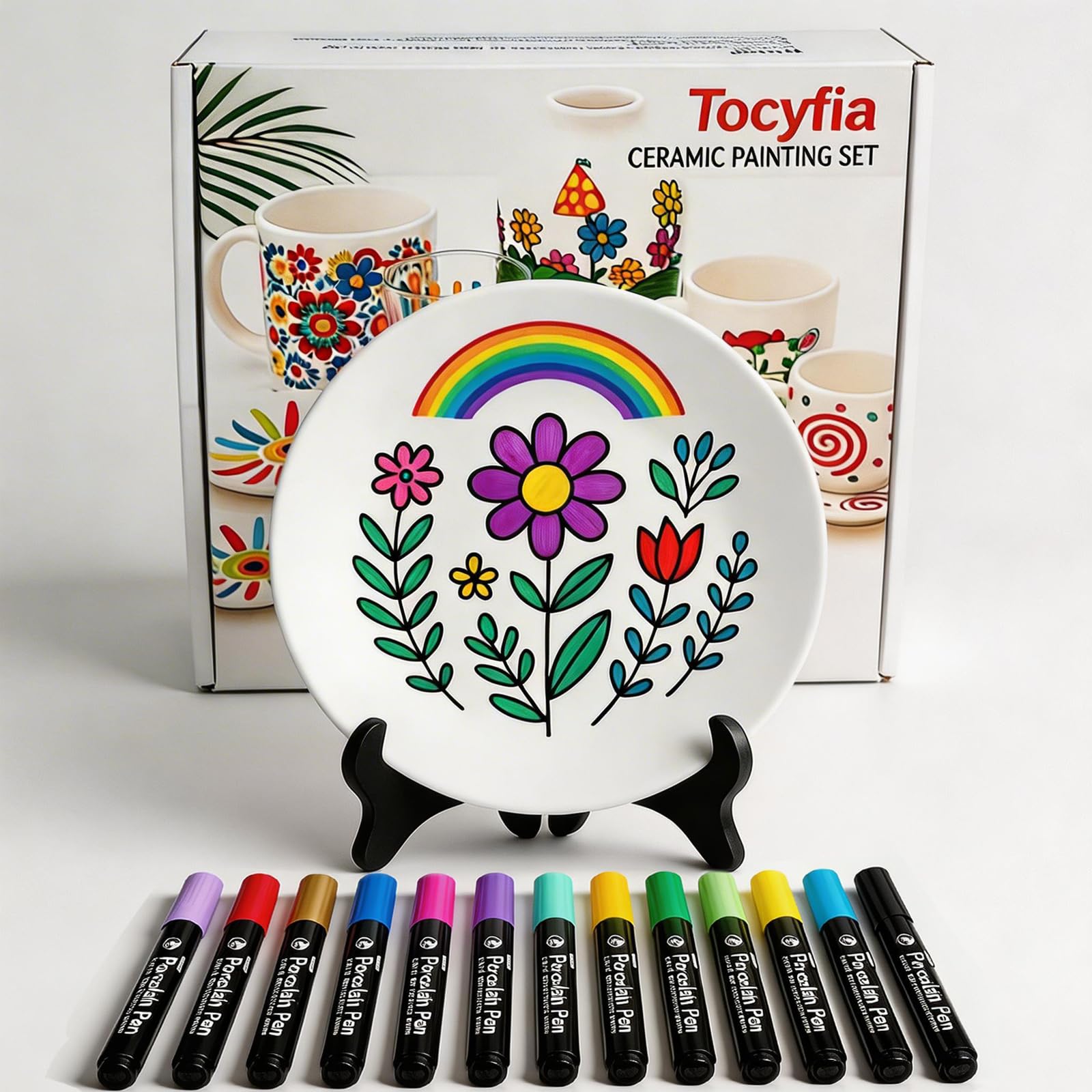 Tocyfia Keramik Bemalen Set,porzellanstifte Stift,Es enthält Platten, 12 Keramikmalerei -Farbstifte und 1 Regal, die sehr geeignet sind, um Schöpfung und Design zu malen.