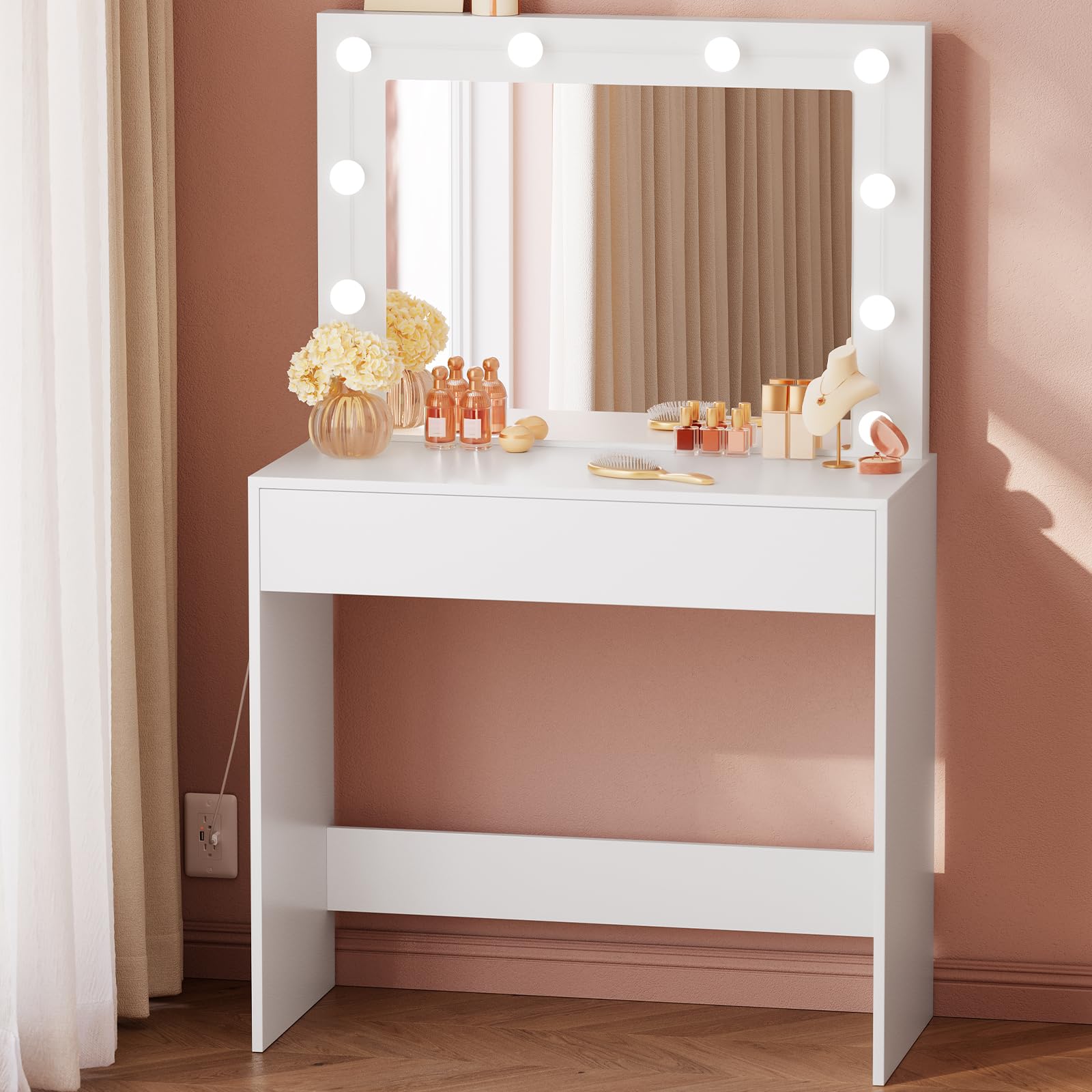 BEWISHOME FST16W Make-uptafel met verlichting, drievoudig inklapbare spiegel, 3 kleurmodi, witte kaptafel voor make-up, make-uptafel