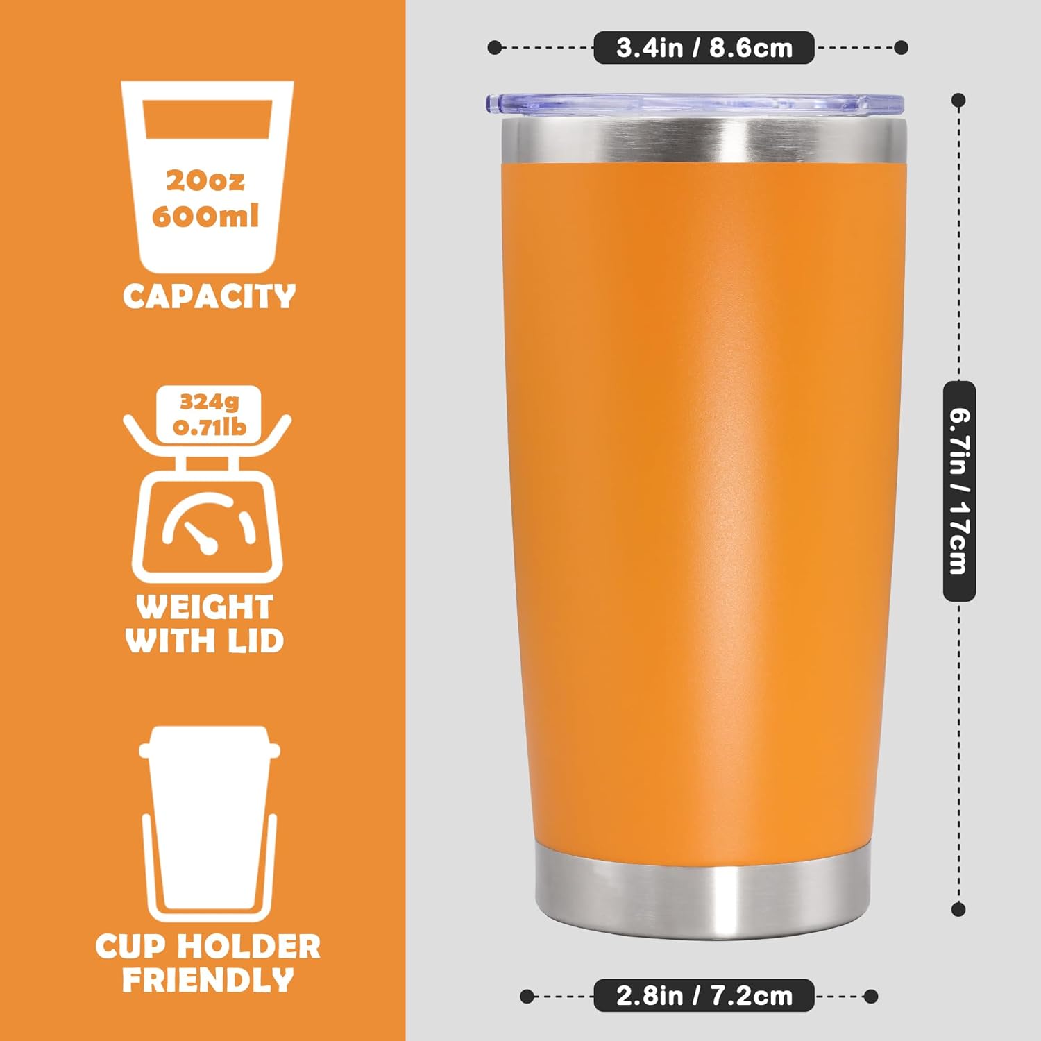 20oz Tumbler Stainless Steel Tumbler Cup with Lid Vacuum Insulated Double Wall Travel Mug, Durable Powder Coated Travel Coffee Tumbler Mug for Hot & Cold Drinks,Orange,1 Pack - Image 4