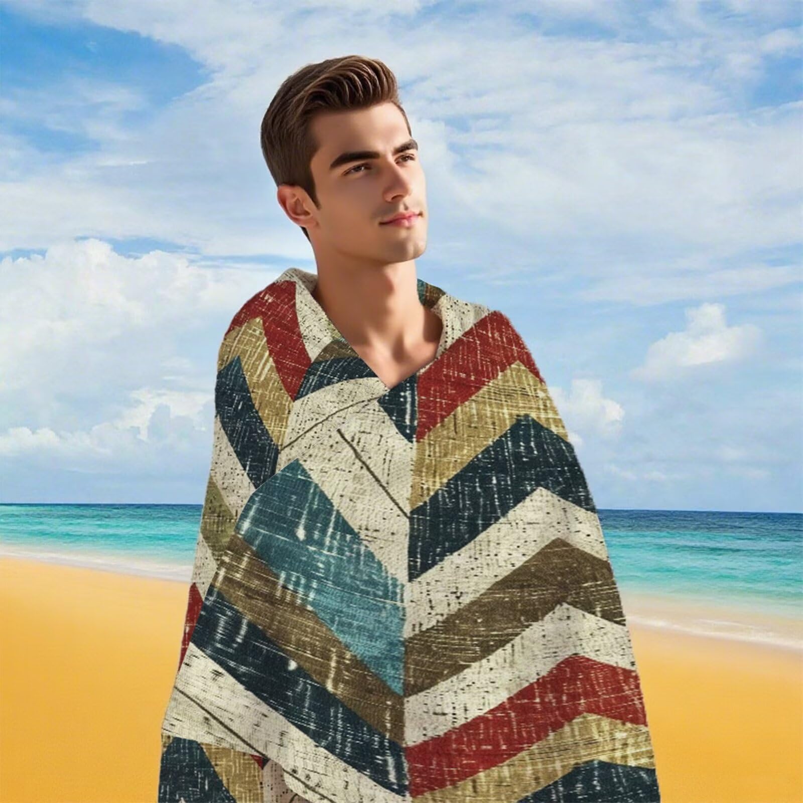 Ręcznik plażowy z mikrofibry 220 x 100 cm duży ręcznik kąpielowy w paski retro mata plażowa anty piasek, ręczniki sportowe, szybkoschnące, kompaktowe i lekkie, do sportu, podróży, sauny, basenu Y1-75