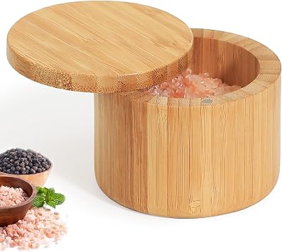 Salt Cellar with Magnetic Swivel Lid, Rustic Bamboo Salt Box for Kitchen for Seasonings/Spices/Candies, Salt Container for All Kinds of Spices/Nuts/Craft Materials, 8.0 Ounce Capacity 1Cup