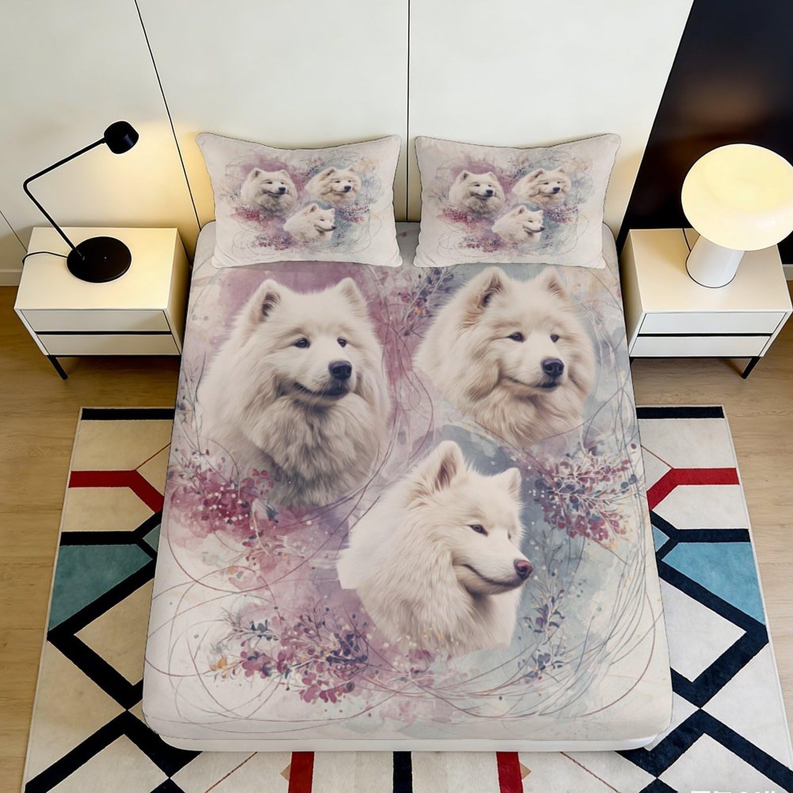 3D Printed Samoyed Dog Pattern Fitted Sheet Microfiber Soft Breathable Floral Design Bed Cover for Bedroom Dormitory Guest Room Mattress Protection 160x200x25cm