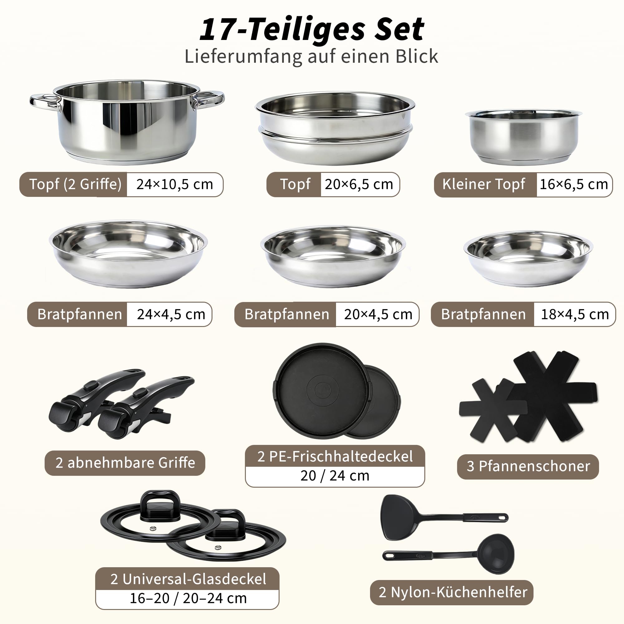 Citybee17‑teiliges Edelstahl Topfset, Camping Topfset & abnehmbaren Griffen