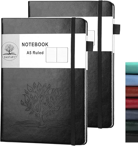 Daofary Paquete de 2 cuadernos rayados con soporte para bolígrafo, cuadernos de cuero A5 con 160 páginas, papel grueso de 100gsm, cuaderno de tapa
