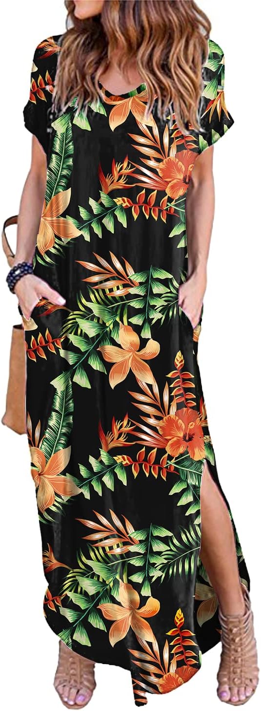 HUSKARY Women's Summer Maxi Dress Casual Loose Pockets Long Dress Short Sleeve Split, Flower02, XL