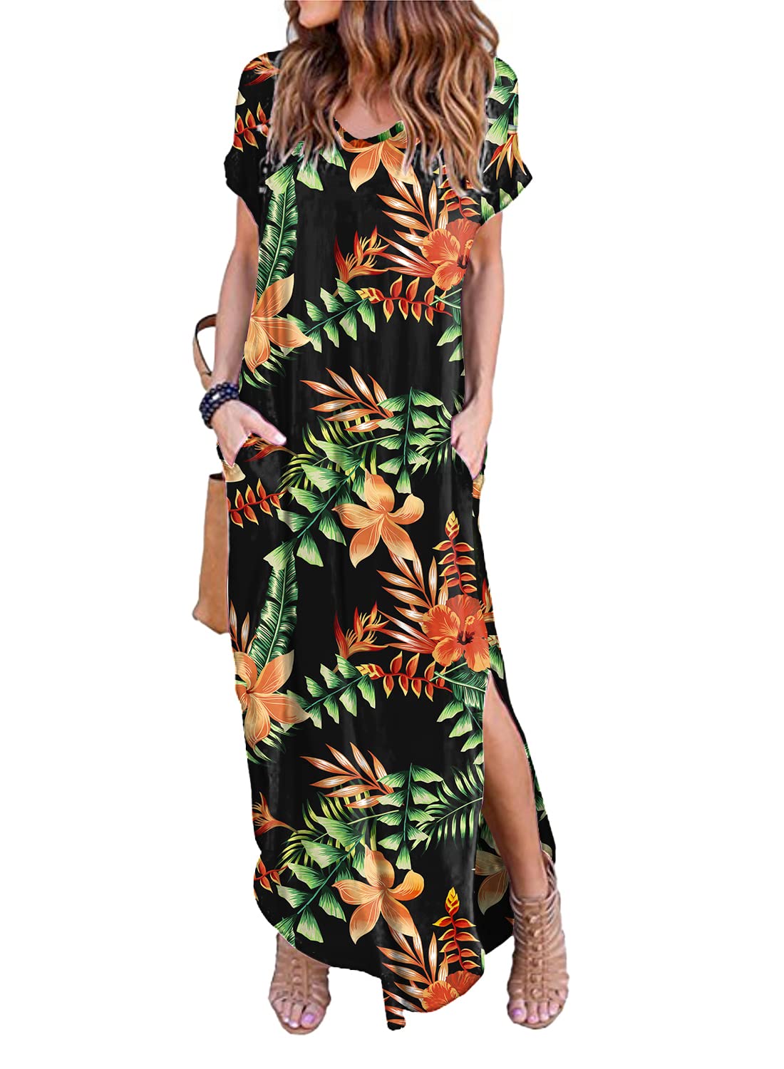 HUSKARY Women's Summer Maxi Dress Casual Loose Pockets Long Dress Short Sleeve Split, Flower02, XL