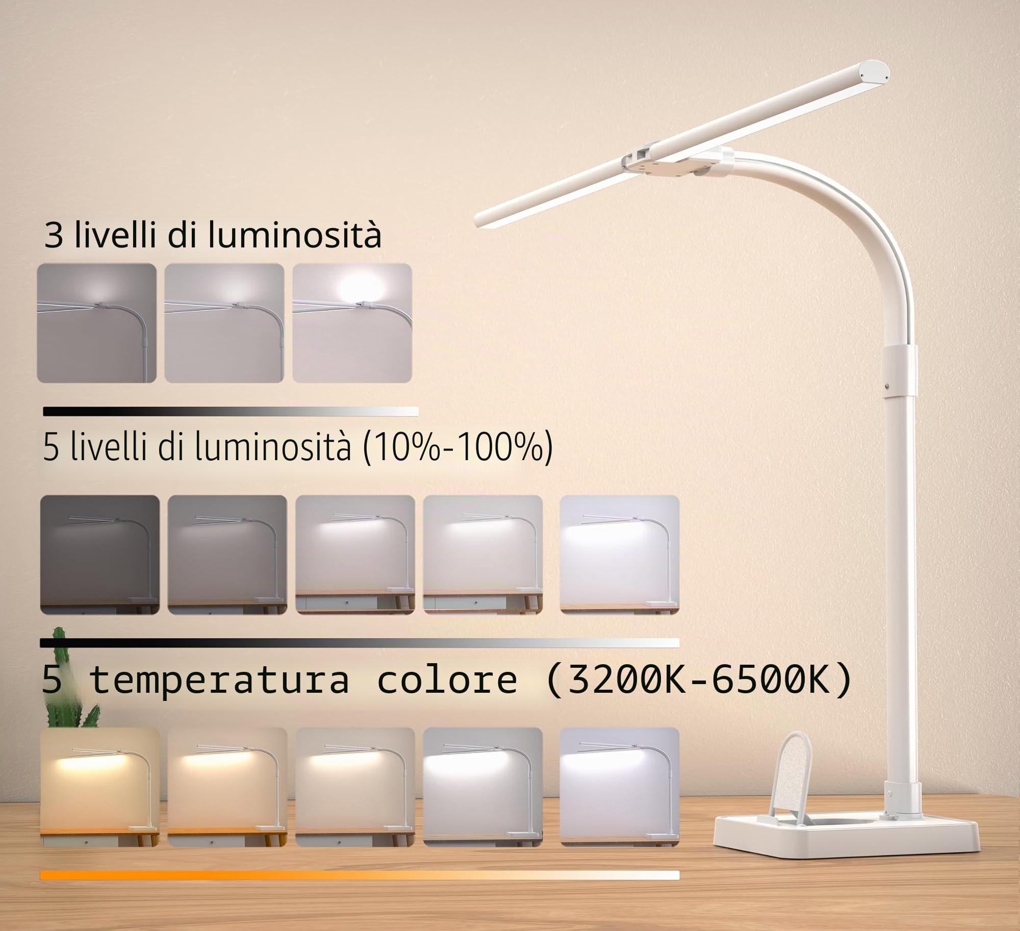 LOTTBUTY Lampada da scrivania a doppia testa a LED, dimmerabile, 24 W, 80 cm, per casa, ufficio, lampada da tavolo, a collo di cigno (bianco, base per scrivania con supporto per cellulare)