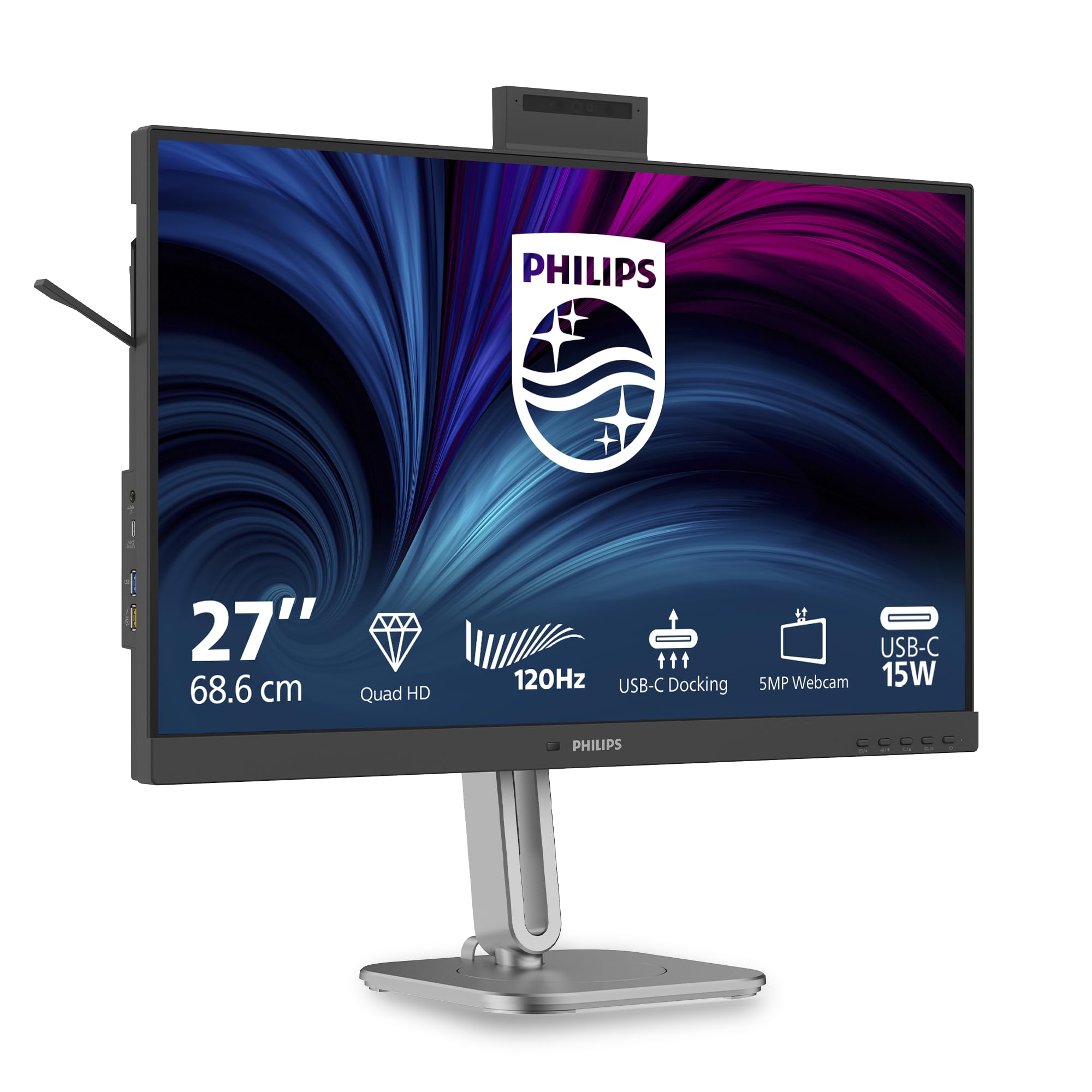 PHILIPS 27B2U4601H 27 inch WQHD Monitor 120Hz, IPS Panel, 4ms GtG, Height Adjustment, Webcam, Speakers, (2560x1440 HDMI 1x 2.1 TMDS DP 1x 1.4 USB Hub) Charcoal