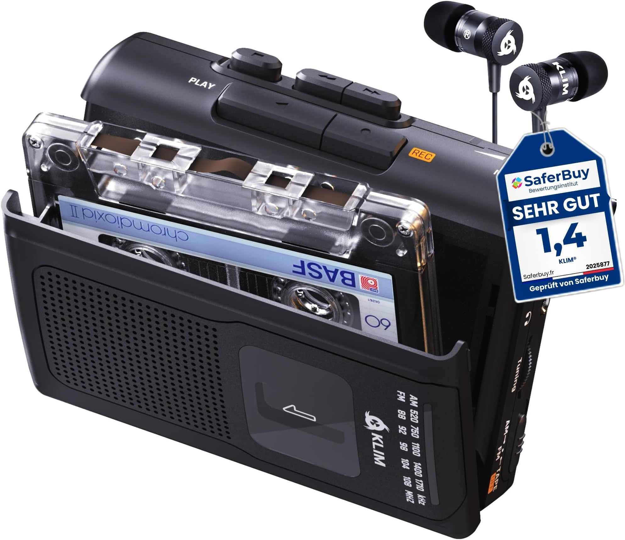 KLIM K8 Audio Cassette Player - Cassette Recorder - New Player - AM/FM Radio - Built-in Microphone and Speaker - Headphone and Earphone Jack - Black