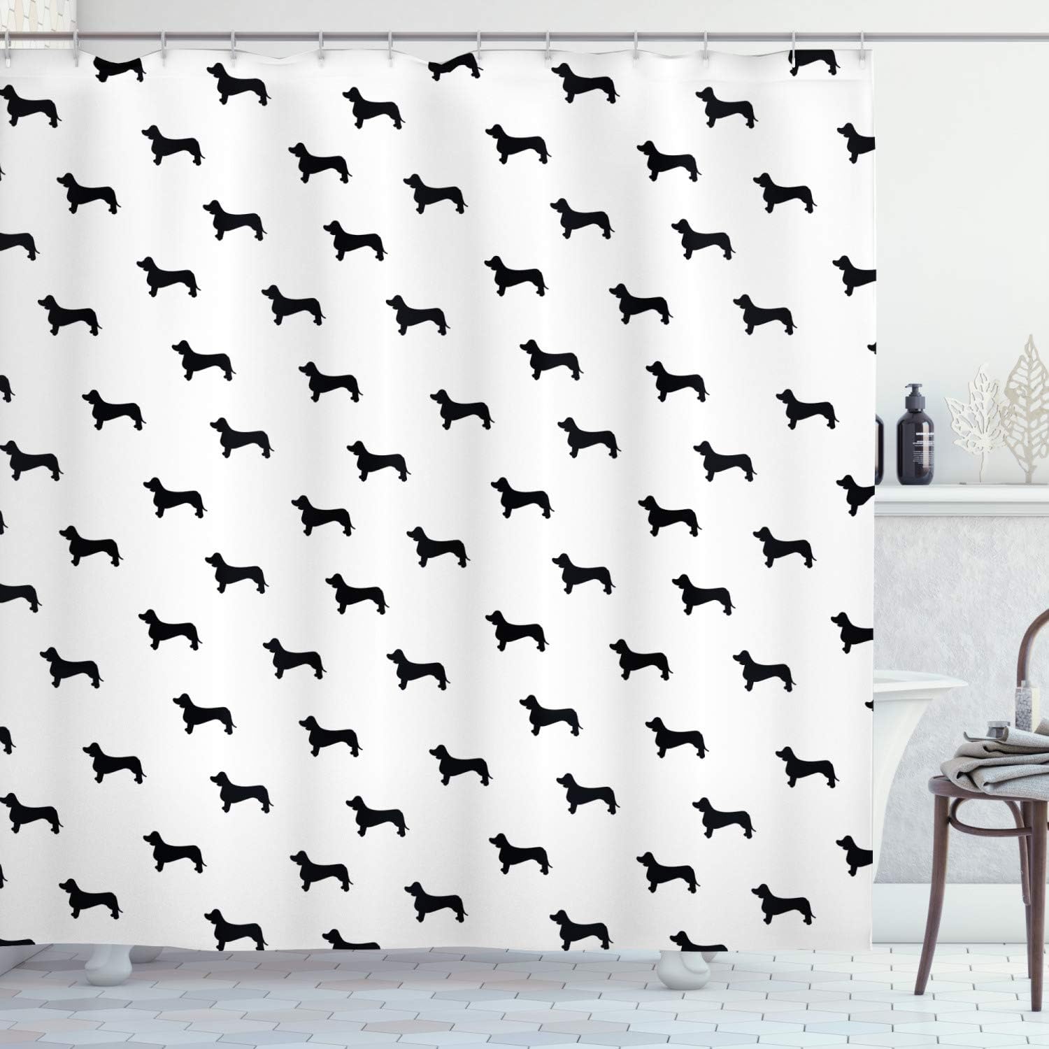 Ambesonne Dog Lover Shower Curtain, Monochrome Dachshund Silhouettes Breed Dog Domestic Canine Pattern Active Pet, Cloth Fabric Bathroom Decor Set with Hooks, 69" W x 84" L, Black White
