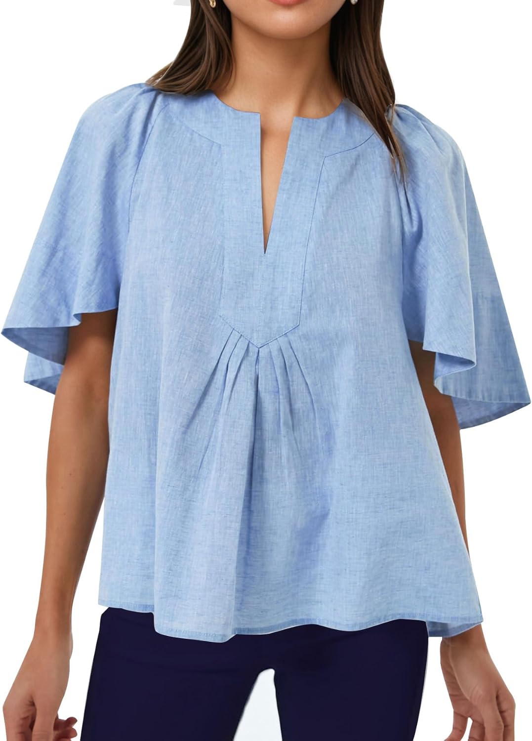 Kedera Womens White Blouse V Neck Flutter Sleeve Linen Shirts Casual Cute Summer Tops