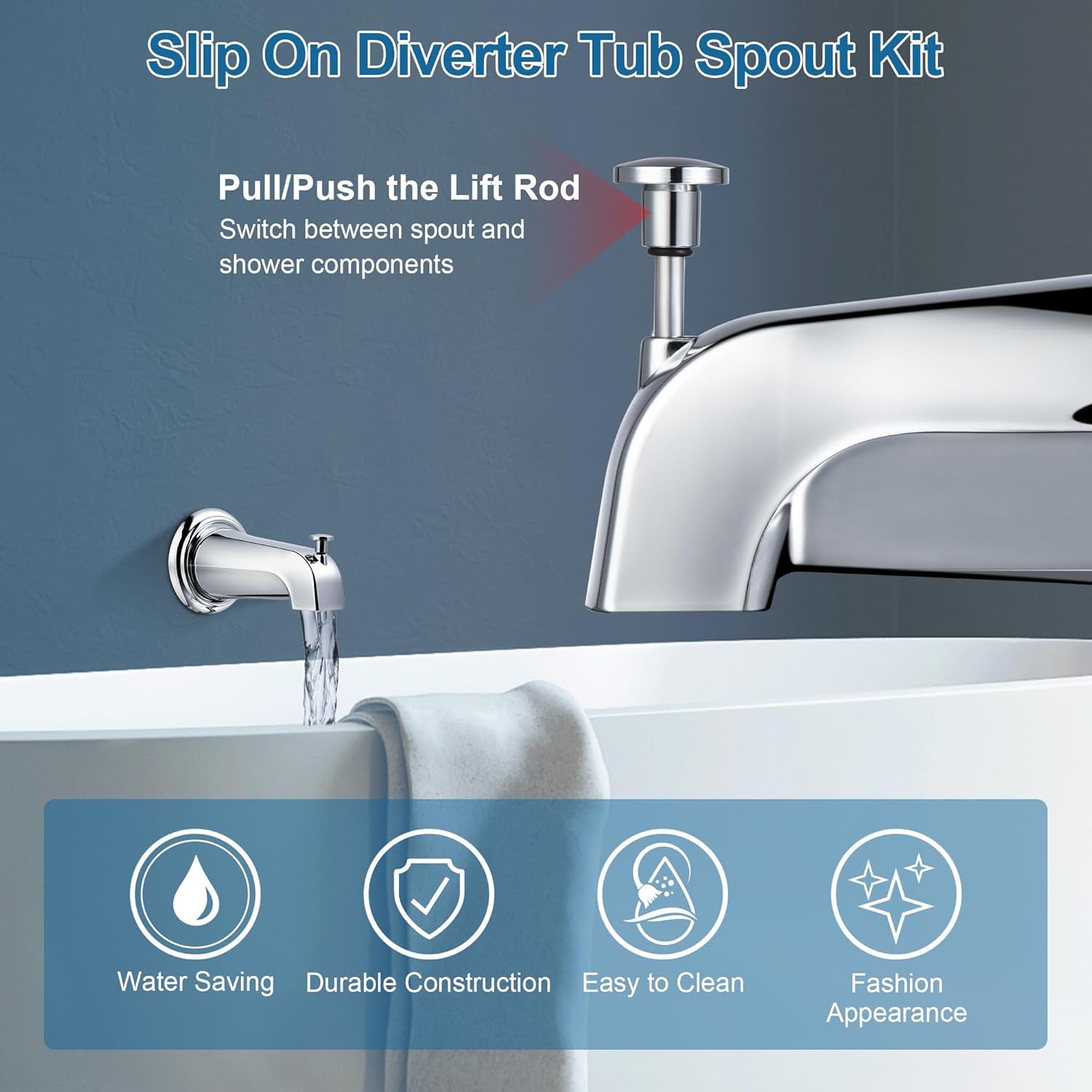 Dreyoo Tub Spout Kit Compatible with American Standard 8888026.002, Slip On Diverter Tub Spout with Metal Cover Ring and Gasket, Bathroom Bathtub Faucet Fits 1/2'' Copper Water Tube(Polished Chrome)
