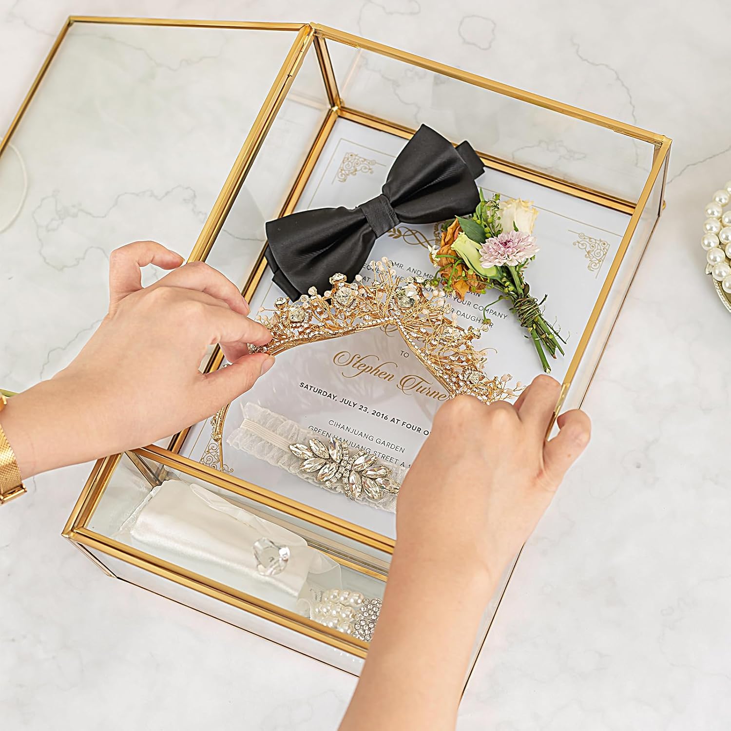 Shadow Box Frame, 3.5" Deep Wedding Shadow Boxes Display Case with Drawer, Glass Gold Shadow Memory Box for Picture, Wedding Bouquet, Pet Memorial and Keepsakes