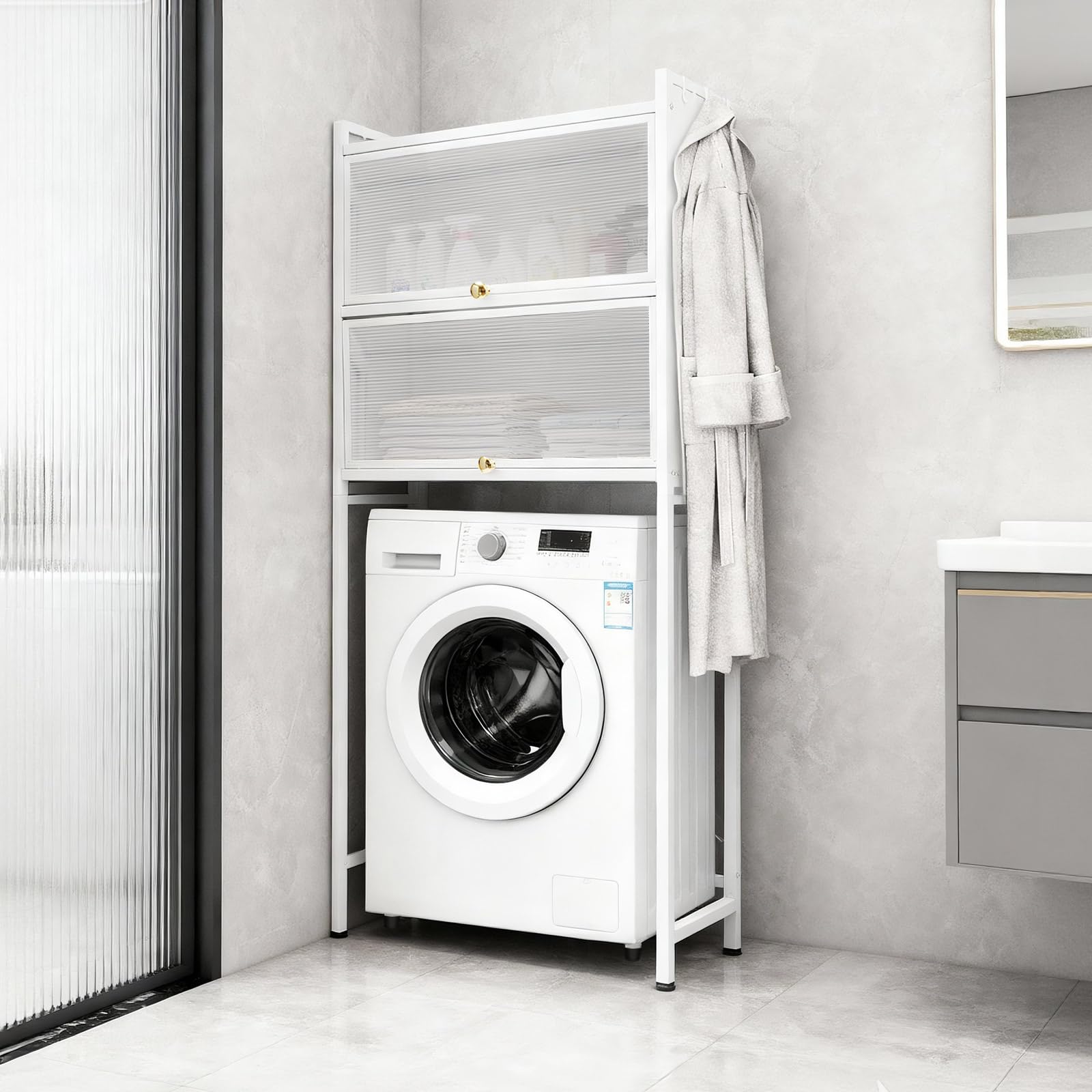 Scaffale per Lavatrice 70x25x167cm Bianco, Mobile da Bagno con 2 Armadietti e 3 Ripiani, Organizer Salvaspazio Moderno Acciaio e PVC Regolabile per Casa Balcone Appartamento