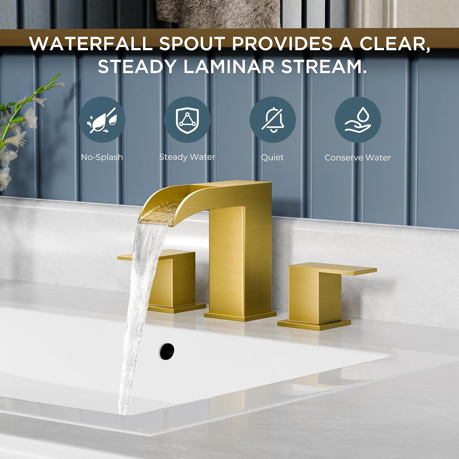 QFN Brushed Gold Bathroom Faucet 3 Hole, 8 Inch Widespread Square Sink Faucet Bathroom with Metal Pop-up Drain and 24" CUPC Supply Line, Lead-Free 2 Handles for Vanity, Restroom, Lavatory and Mall - Image 3