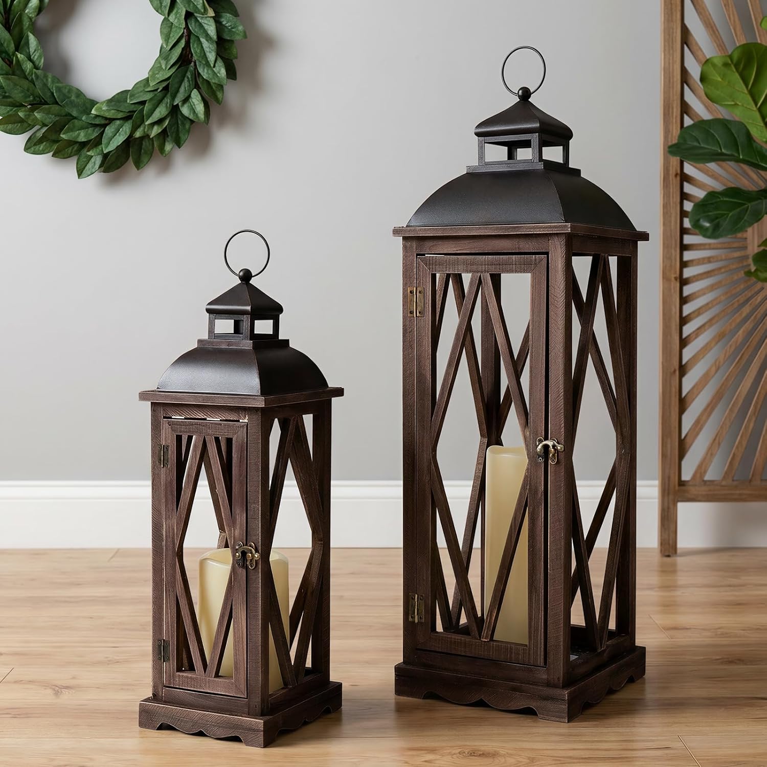 Large Rustic Farmhouse Wooden Candle Lanterns Decorative Set of 2, Extra Large Hanging Brown Candle Lanterns for Home Decor Garden Porch Indoor Outdoor Wedding Decor(No Glass)