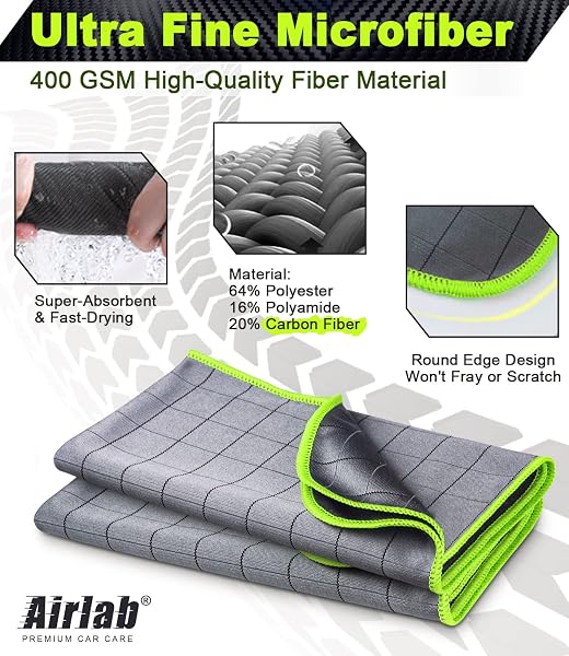 Airlab Microfibre Cloths for Car Motorcycles, 50 x 40 cm, 400 GSM Quick Wash, Dries, Streak-free, Dust-Absorbent, Polishing Pads, 2 x Glass Cleaning Cloths, Cleaning Cloths for Interior Exterior - 4