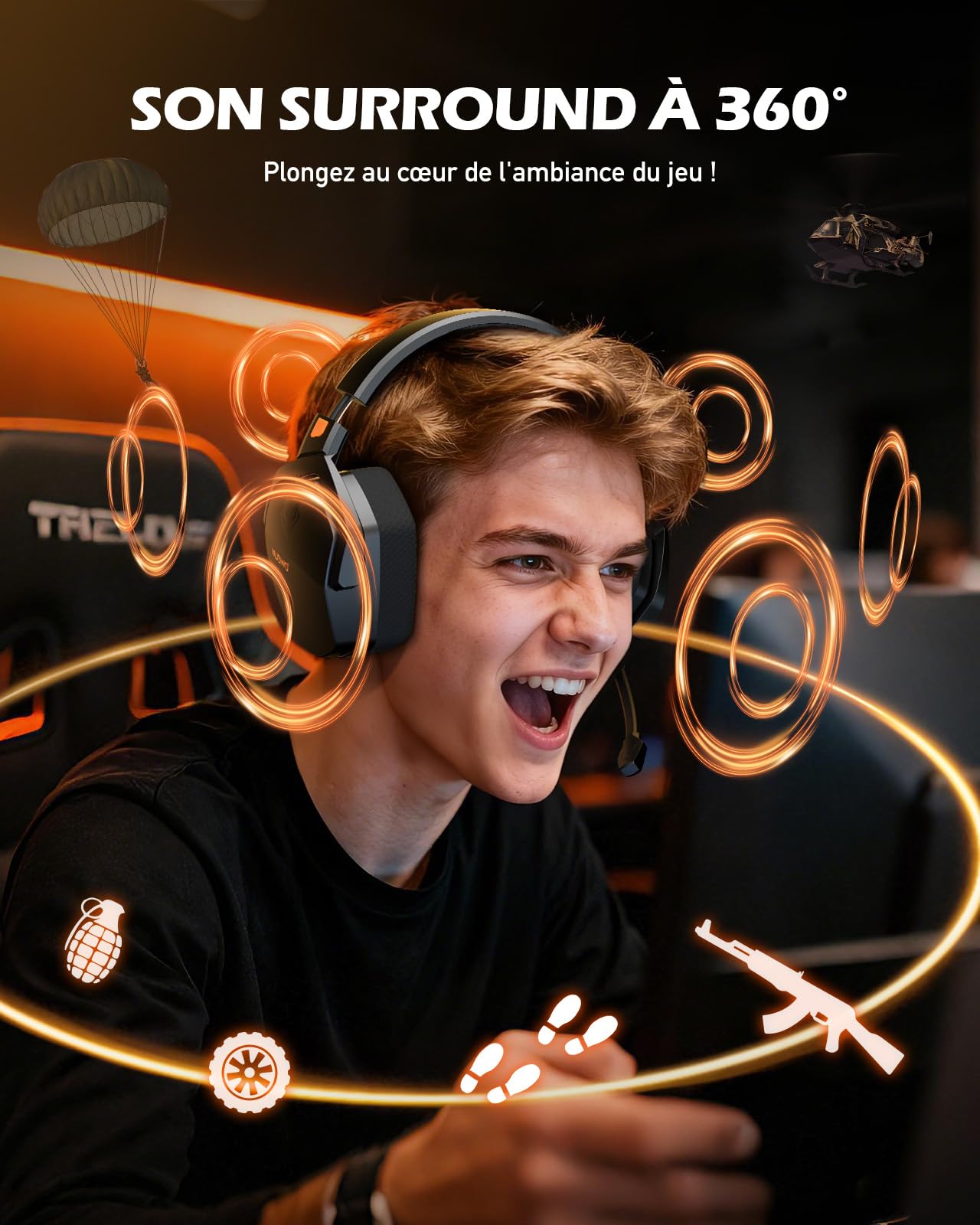 NUBWO G06 Double Casque Gaming sans Fil avec Microphone pour PS5, PS4, PC, NS, Mobile: 2,4 GHz Wireless + 5,3 Bluetooth - Batterie de 100 Heures - Pilotes de 50mm - Orange