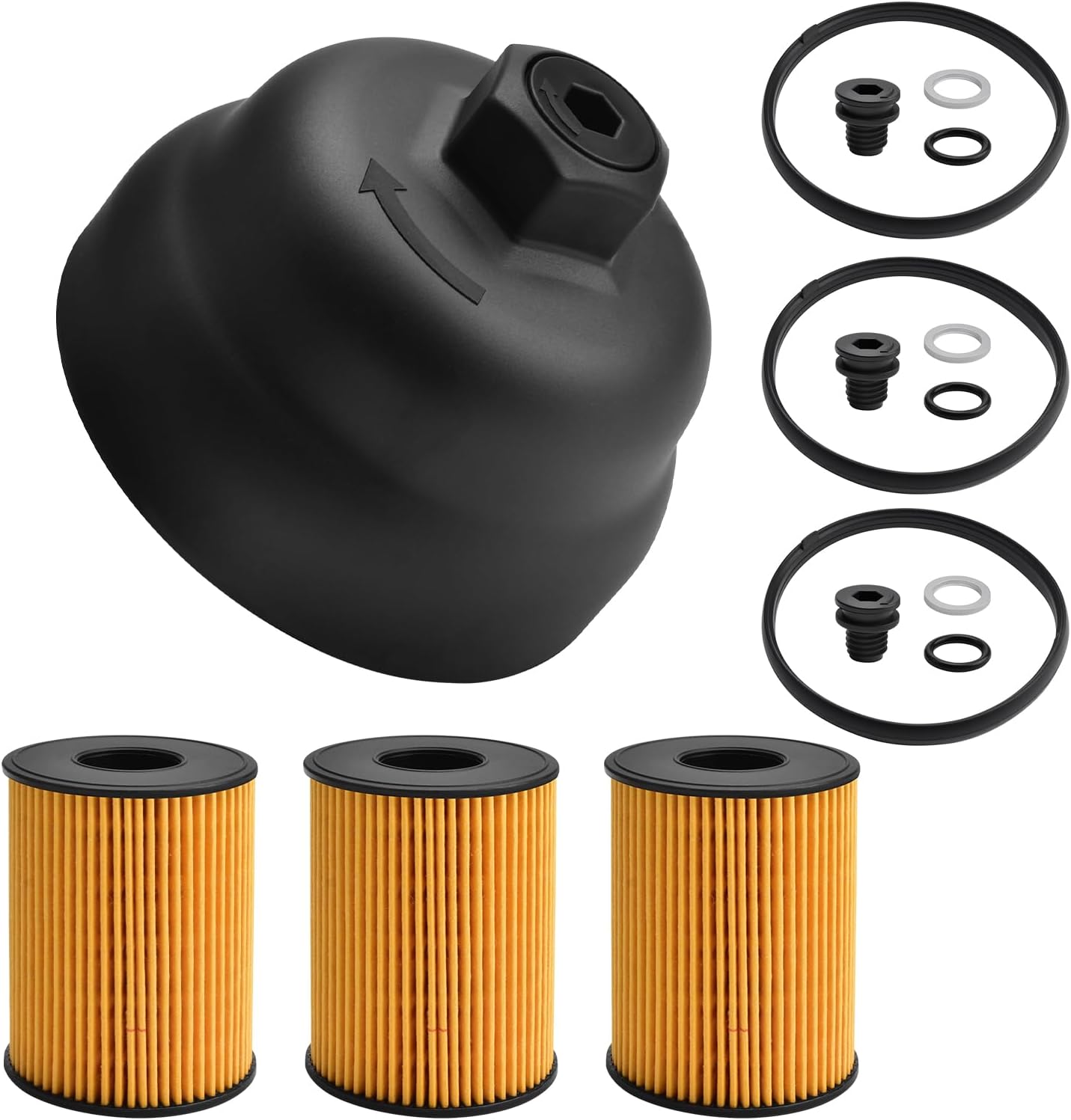 Oil Filter Housing Cover Cap Assembly w/ 3Pcs Oil Filters Compatible with 2021-2023 Santa Cruz Sonata Tucson Kia K5 Sorento Sportage L4 2.5L Part Number 263152J000 263502S000