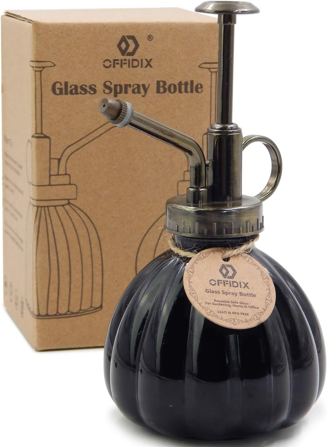 Plant Mister Flower Watering Can, 6.3" Tall Vintage Pumpkin Style Black Color Glass Spray Bottle & Bronze Plastic Top Pump Ideal for Watering Small Plants Inside Home or Office