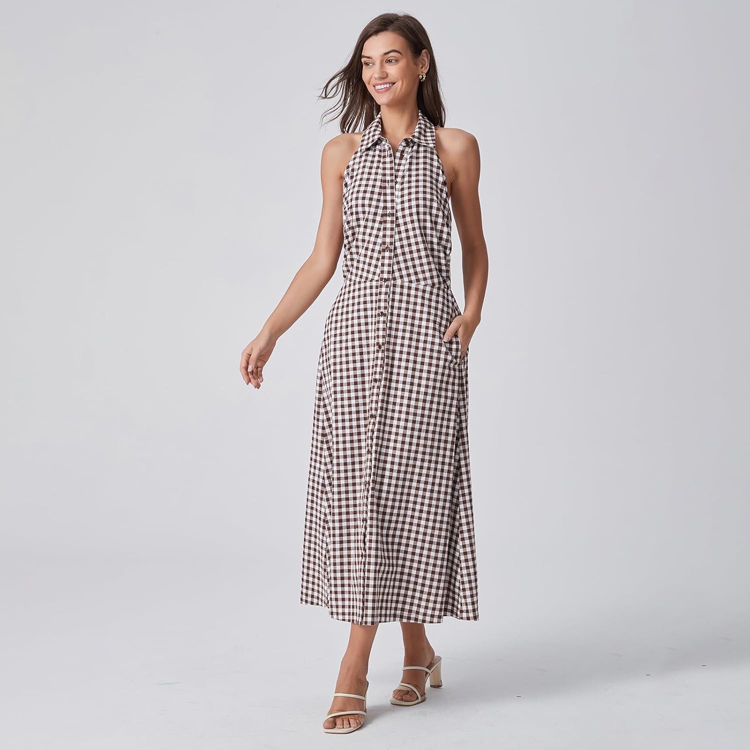 Women's Plaid Midi Dress Sleeveless Casual A Line Open Back Spring Fall Long Dress - Image 4