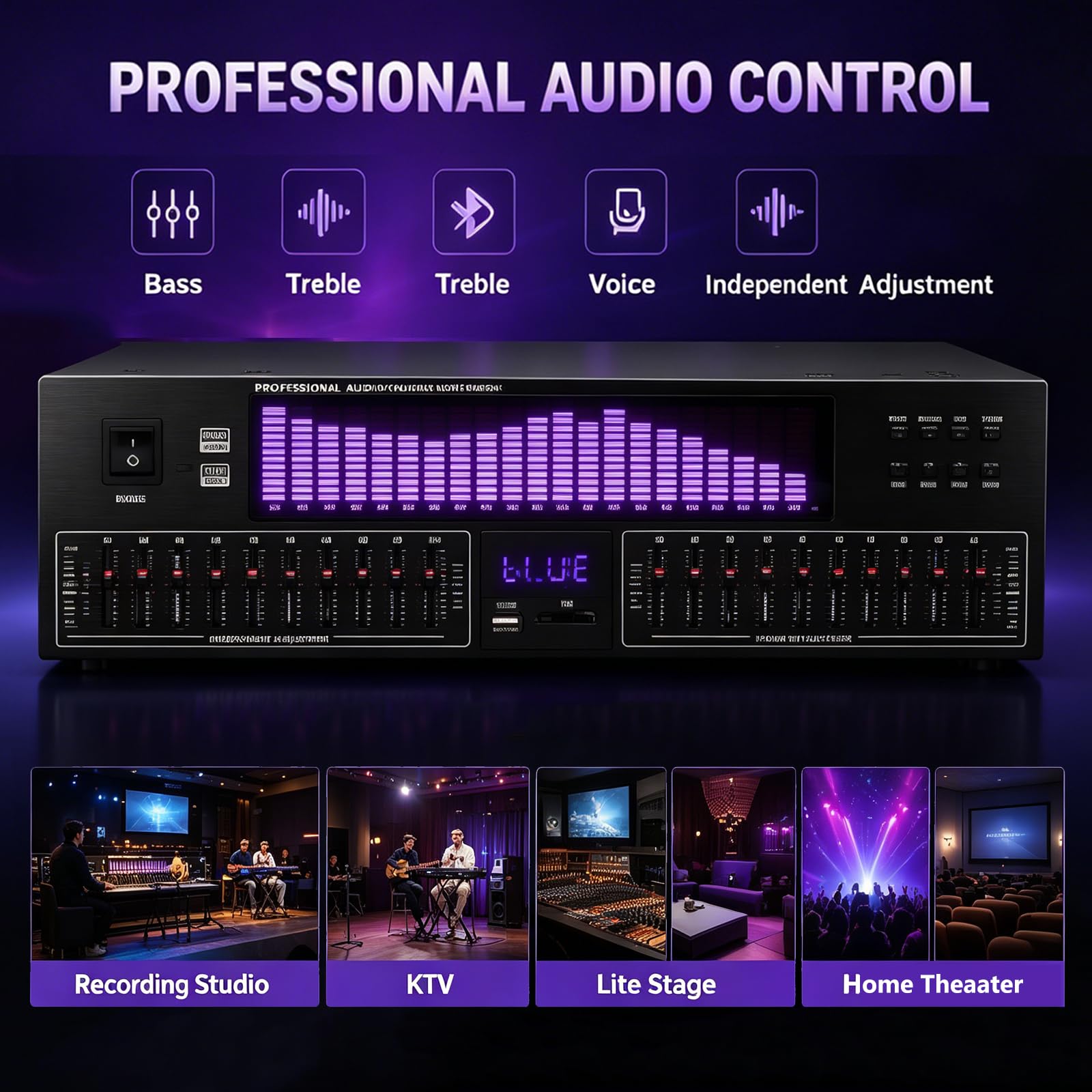 Égaliseur graphique stéréo, égaliseur numérique 20 bandes avec affichage LED, 15 modes dynamiques, télécommande, réduction du bruit pour studio et audio domestique
