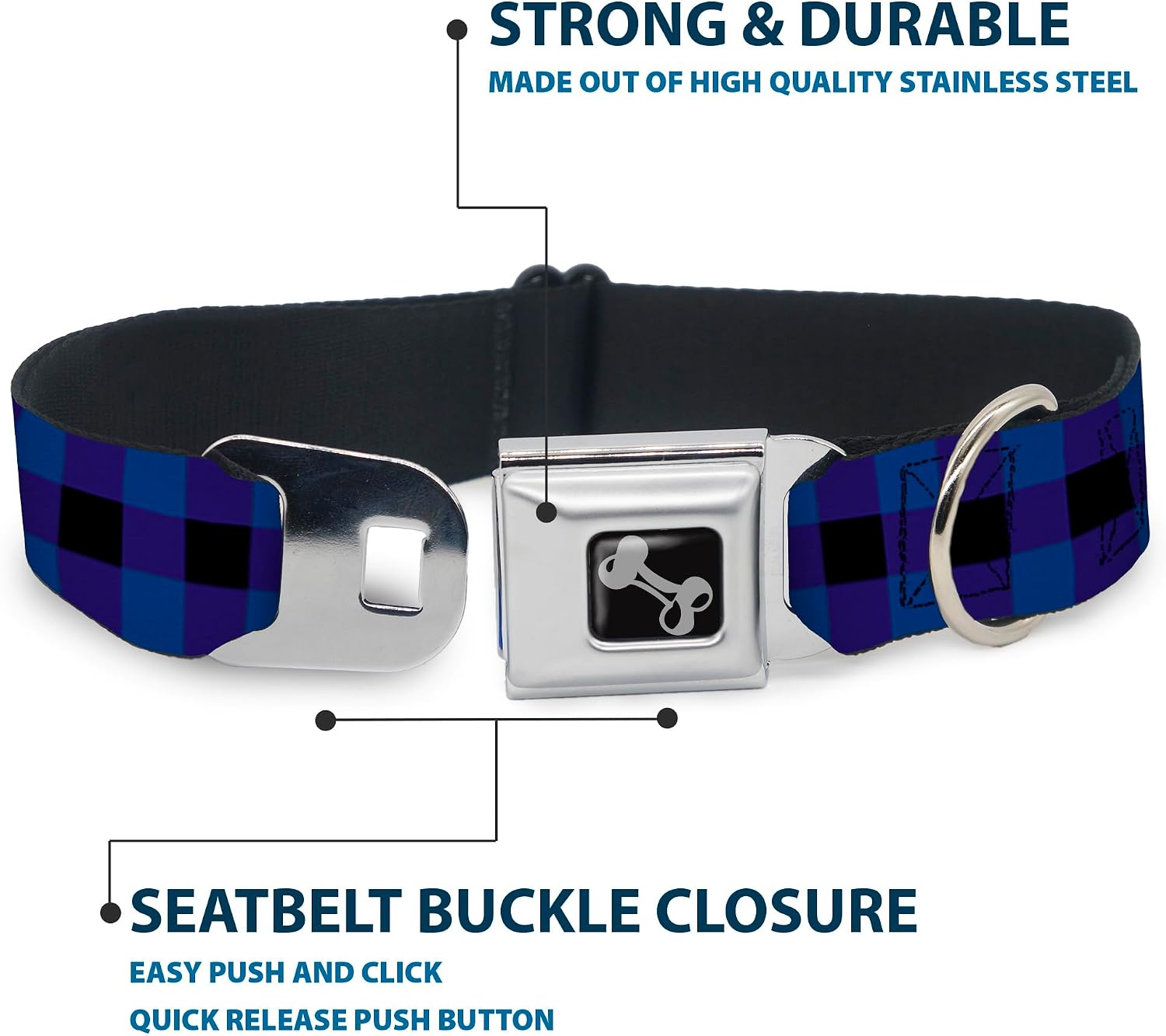 Buckle-Down Seatbelt Buckle Dog Collar - Buffalo Plaid Black/Blue - 1" Wide - Fits 11-17" Neck - Medium