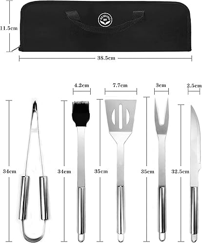 Miniatura 2 de NewlineNY - Juego de 5 herramientas para barbacoa de acero inoxidable, tenedor de carne, cepillo para soltar carne, espátula, cuchillo + bolsa de