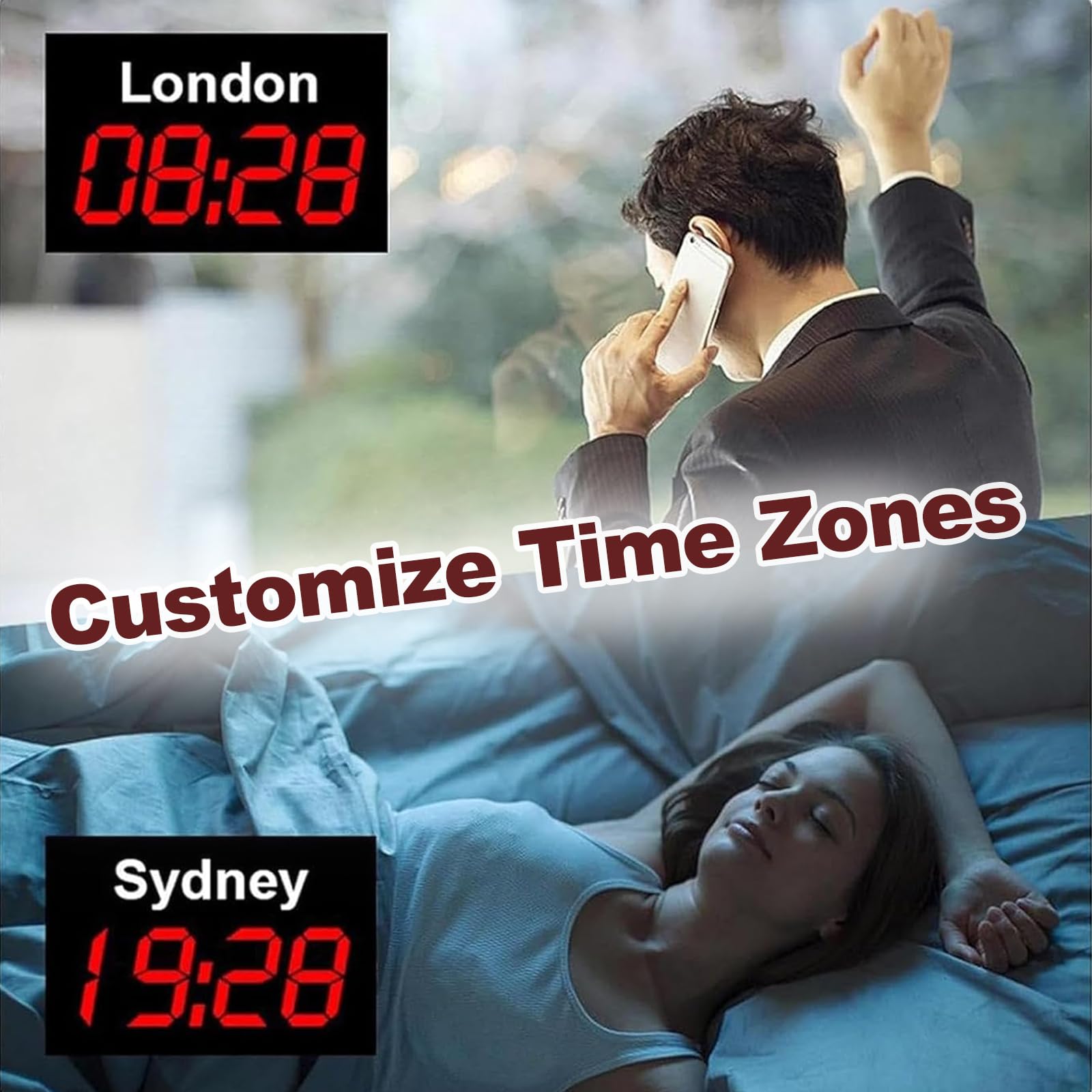 Orologio digitale mondiale, ampio display, luminosità regolabile, alloggiamento in alluminio, fuso orario per hotel, uffici, aeroporti