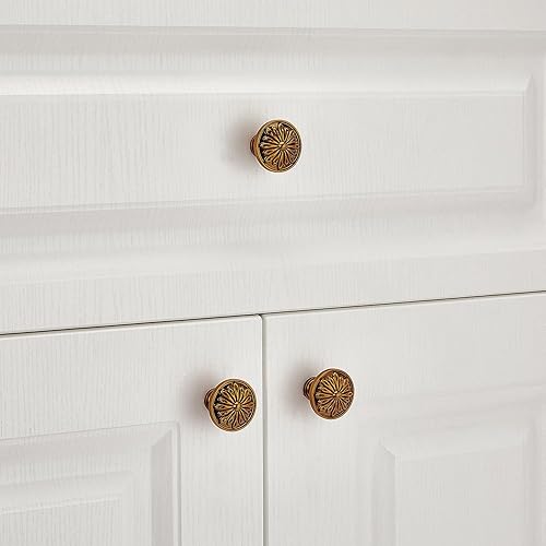 Miniatura 5 de Aandxomk - Juego de 10 pomos de flores de latón antiguo de 1.22 pulgadas, accesorios de gabinete de cocina, pomos de flores de latón antiguo, pomos