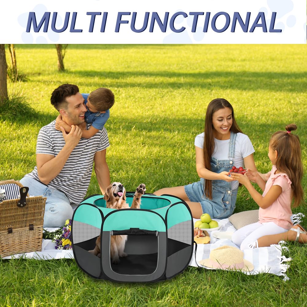 Valla Portátil para Mascotas, 110x110x60 cm Parque Plegable para Mascotas, Parque para Cachorros y Gatos, Productos para Perros Playpen con Cubierta de Red, para Animales Pequeños (Azul Menta)