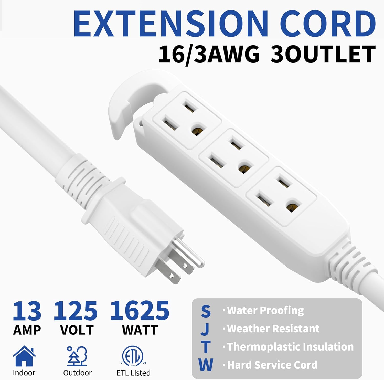 50 Ft 3 Outlet Outdoor Extension Cord Waterproof, Grounded Extension Cord with Multiple Outlets, 16/3 AWG 3 Prong Power Strip for Garden, Patio, Camping, 13A 125V 1625W, ETL Listed, White