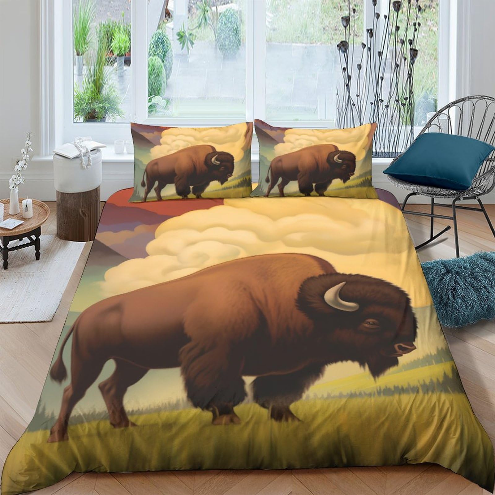 Ctjqhvkz Style-3 3D Printed Buffalo Prairie Fitted Sheet Microfiber Soft Animal Bed Cover For Bedroom Dorm Mattress Protection Decor Single（135X200cm）