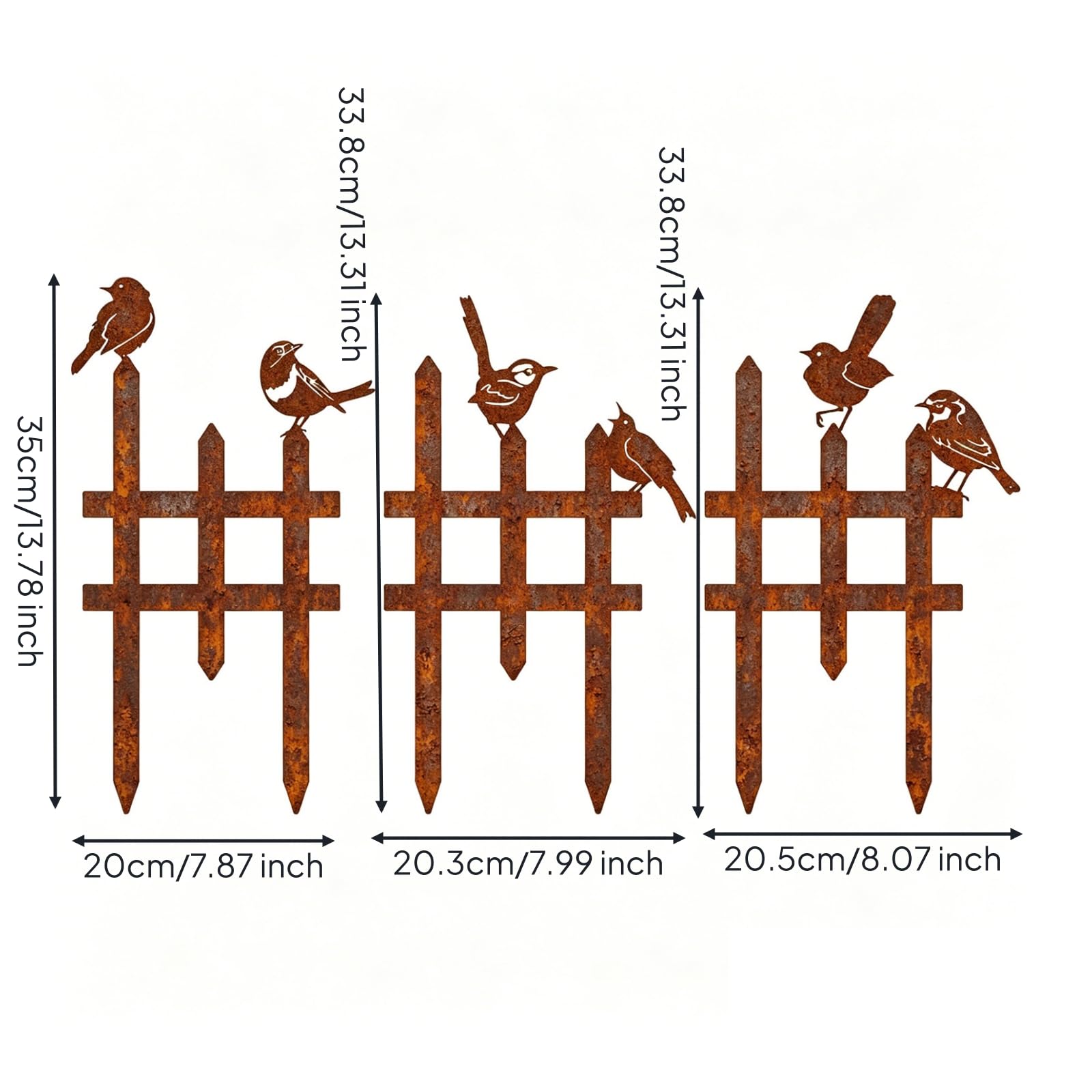 3 Pieces Recinzione a Picchetto con Uccelli Stile Steccato Fence Decorativo con Contorni di Uccelli Traforato Recinzione Decorativa da Giardino, Ruggine