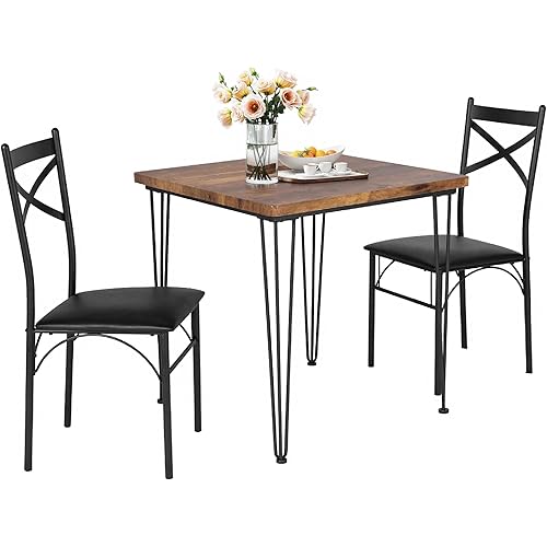 VECELO Kitchen Dining Room Table Set with 2 Chairs for Small Space, Apartment,Metal Steel Frame