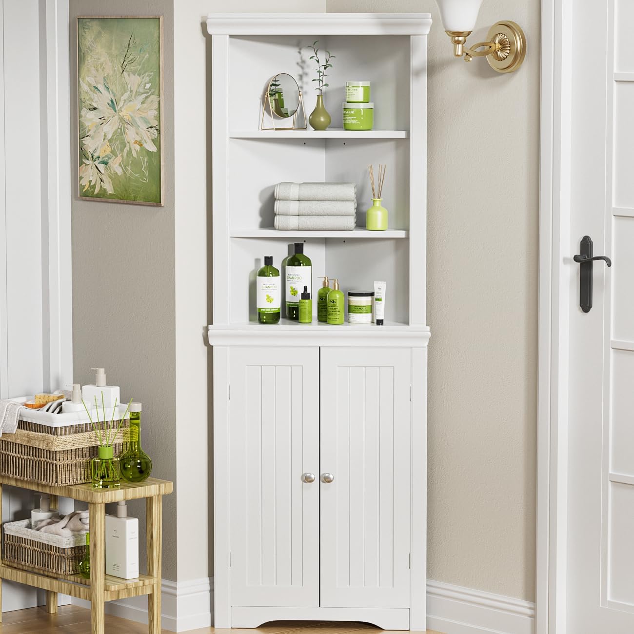 YESHOMY Corner Cabinet,Storage Cupboard with Doors,Tall Storage Cabinet with Adjustable Shelves, for Living Room,Bathroom,Kitchen,Dark Black