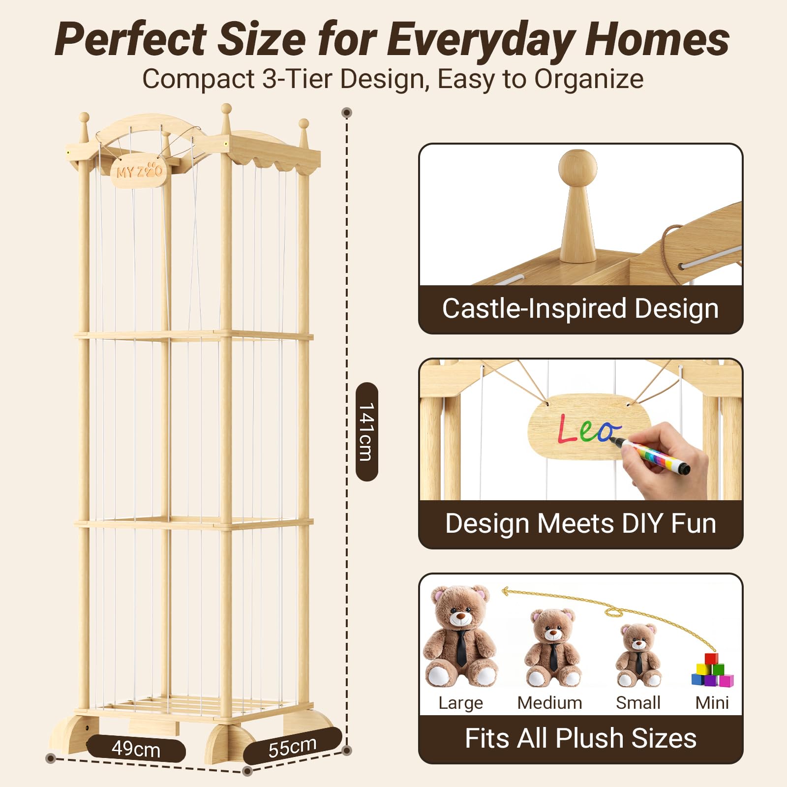 COSYLAND Meuble Rangement Enfant en Bois Naturel en Forme de Château 134x43x43cm - Rangement Jouet Enfant et Coffre à Jouet pour Chambre, Salle de Jeux, Crèche ou École