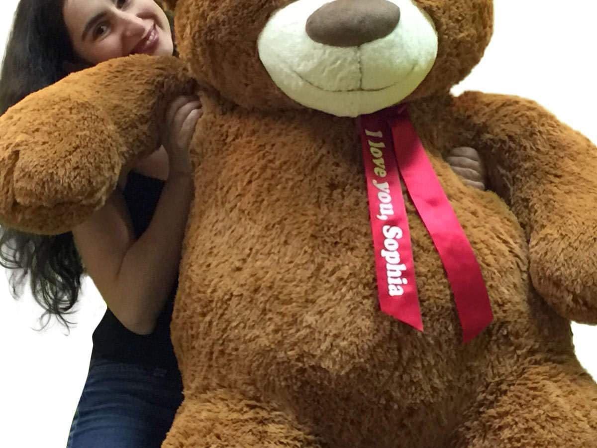 Custom Personalized 5 Foot Very Big Smiling Teddy Bear Five Feet Tall - Your Name or Message Imprinted on Bear's Neck Ribbon Bow - Cookie Dough Brown Color with Bigfoot Paws Giant Stuffed Animal Bear