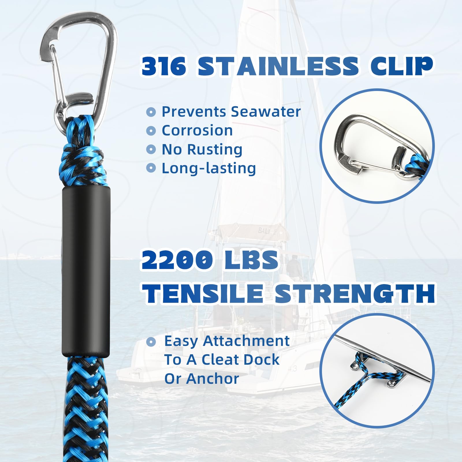 2 corde elastiche per barche, 1,2 m, corda di ormeggio per attracco si estende fino a 1,8 m, accessori per barche, corde di attracco PWC per barche con gancio (blu)