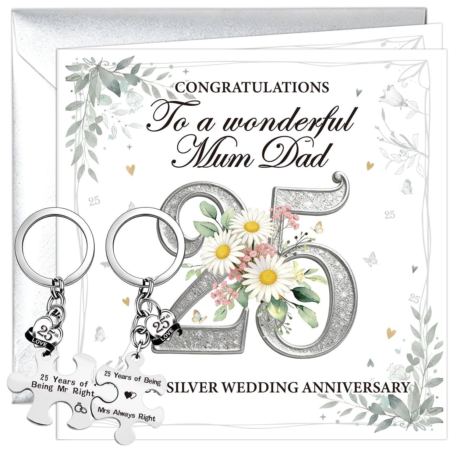 Luvart 25th Wedding Anniversary Card Gift - Silver Wedding Anniversary Greeting Card with Keychain Celebrating 25 Years Marriage Gifts for Parents Friends Him Her Spouse Couples