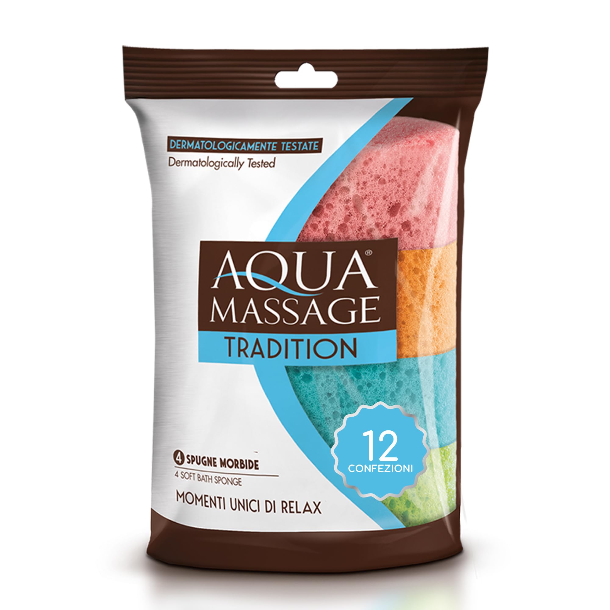 ARIX | 48 esponjas suaves para el cuerpo de la línea Aqua Massage Tradition, esponjas de colores sintéticas, esponja de masaje relajante absorbente, esponja para ducha y baño – 12 paquetes