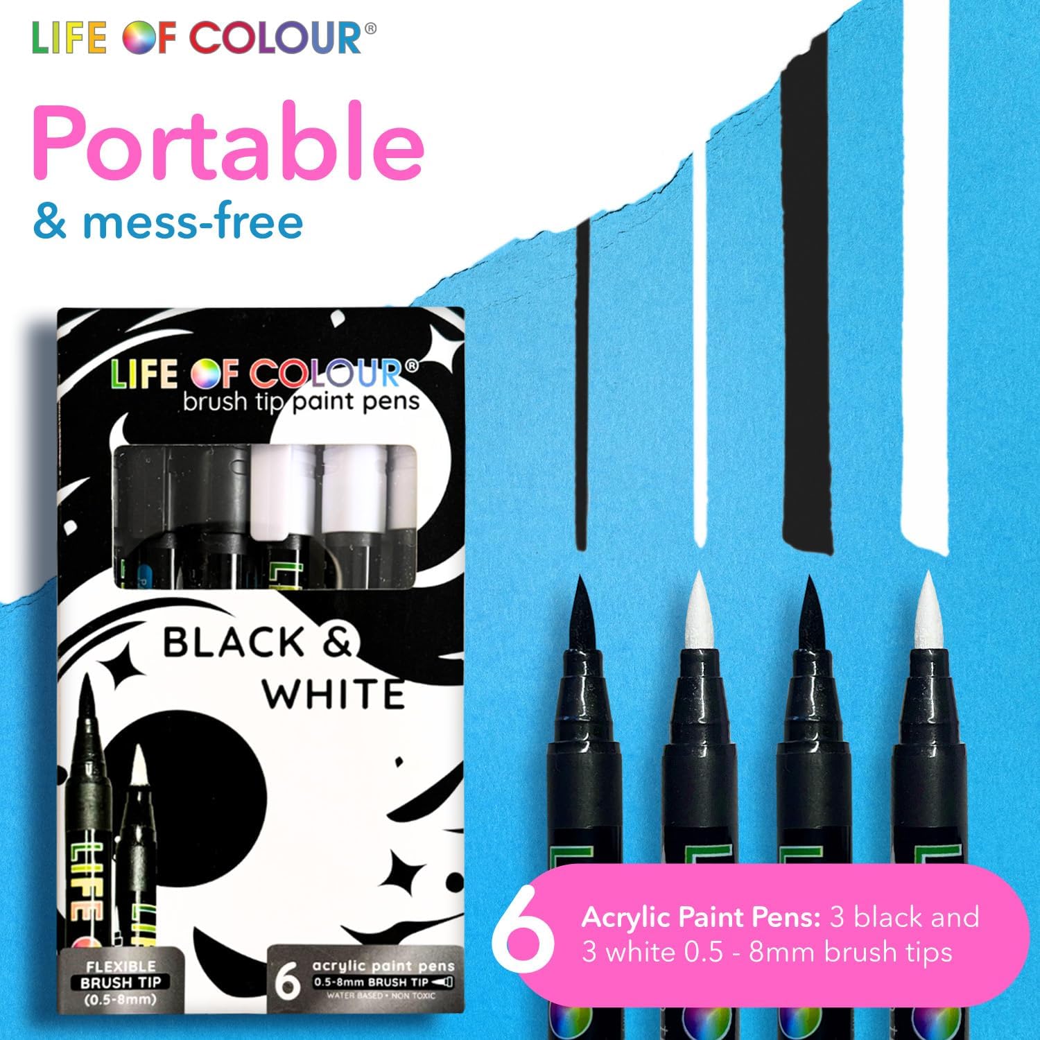 Life of Colour Black & White Brush Tip Acrylic Paint Pens image 3