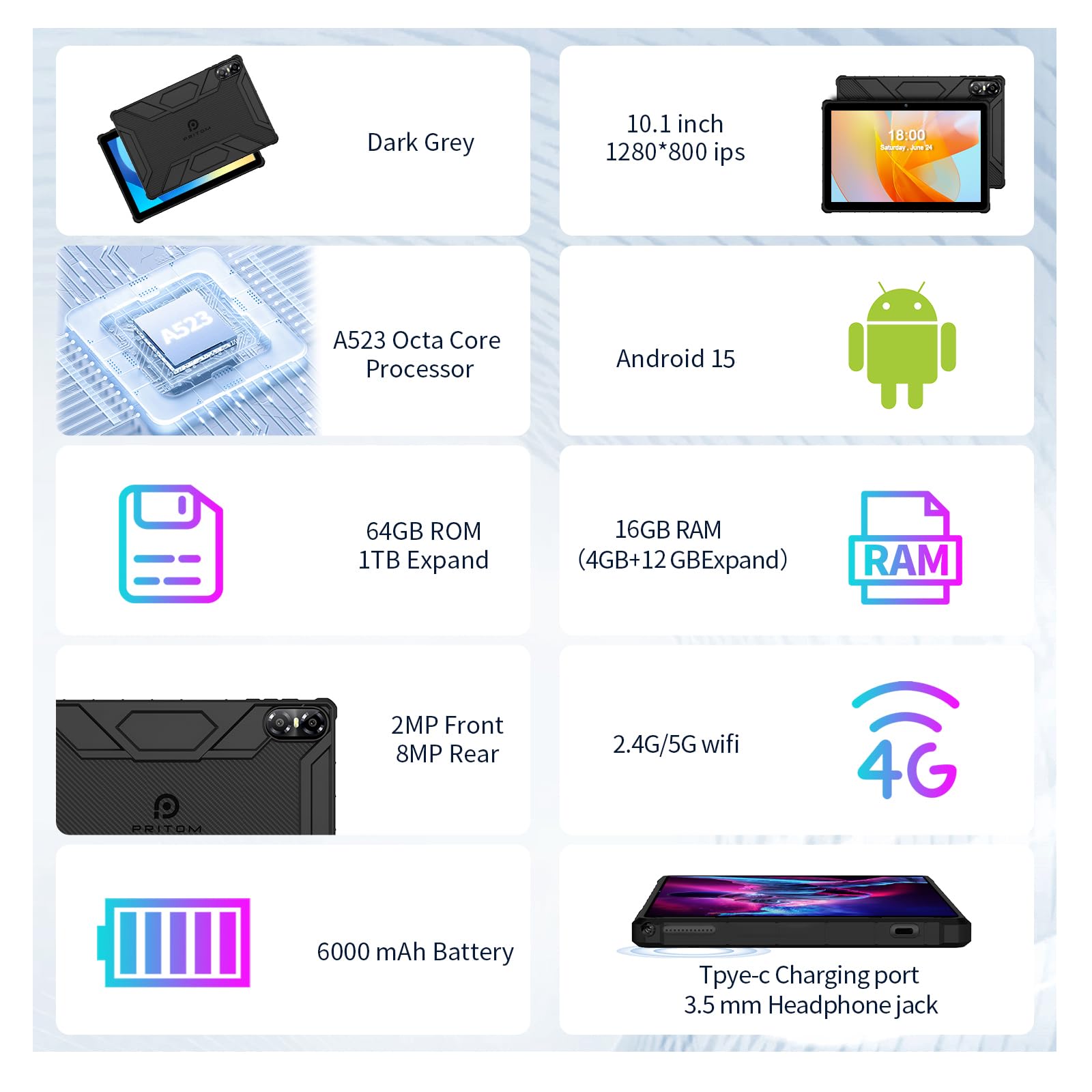 PRITOM 10 Zoll Android 15 Tablet PC mit 16GB RAM 64 GB ROM, 1024GB Expand, Octa core, 5G WiFi, Dual Kamera, Bluetooth, 10" Tablet mit Schutzhülle